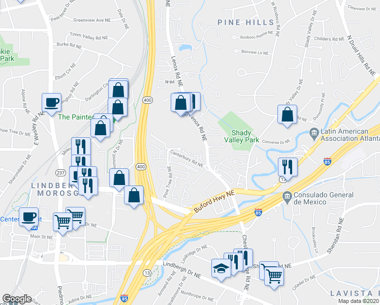 map of restaurants, bars, coffee shops, grocery stores, and more near 2605 Canterbury Trail in Atlanta