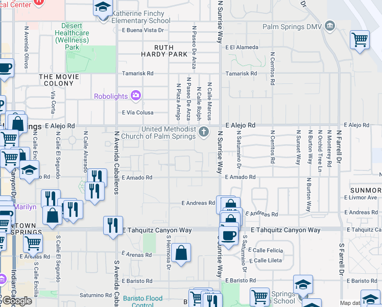 map of restaurants, bars, coffee shops, grocery stores, and more near 1402 Yermo Drive North in Palm Springs