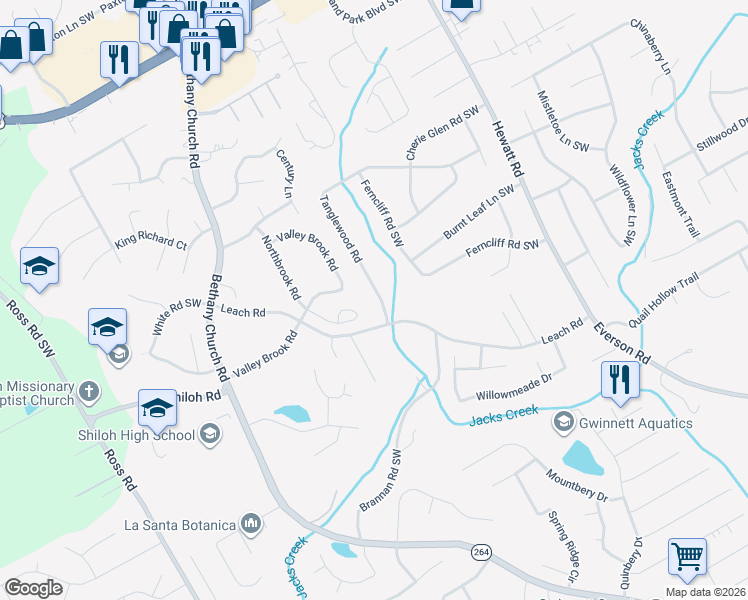 map of restaurants, bars, coffee shops, grocery stores, and more near 4143 Tanglewood Road in Snellville