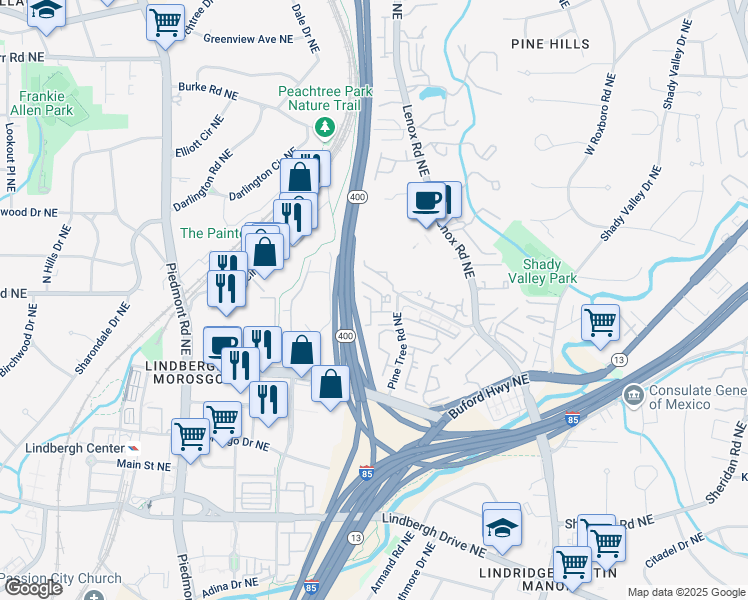 map of restaurants, bars, coffee shops, grocery stores, and more near 2700 Pine Tree Road Northeast in Atlanta
