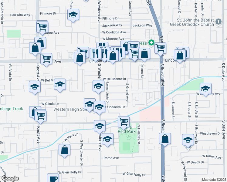 map of restaurants, bars, coffee shops, grocery stores, and more near 3139 West Paso Robles Drive in Anaheim