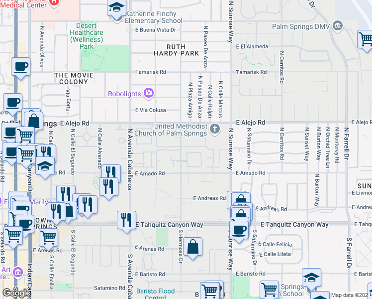 map of restaurants, bars, coffee shops, grocery stores, and more near 1422 Yermo Drive North in Palm Springs