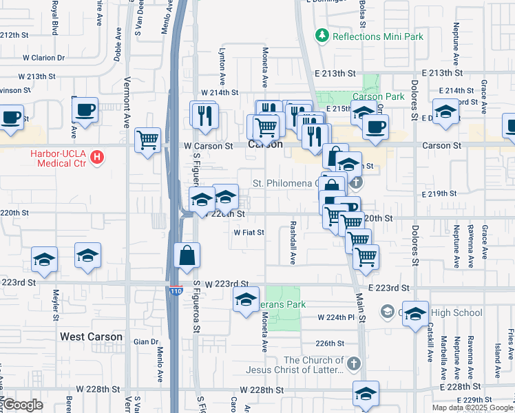 map of restaurants, bars, coffee shops, grocery stores, and more near 315 West 220th Street in Carson