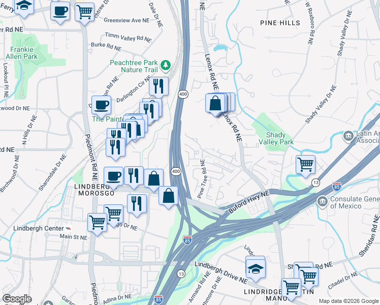 map of restaurants, bars, coffee shops, grocery stores, and more near 2700 Pine Tree Road Northeast in Atlanta