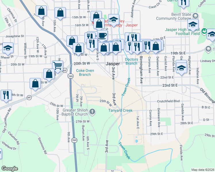 map of restaurants, bars, coffee shops, grocery stores, and more near 401 23rd Street West in Jasper