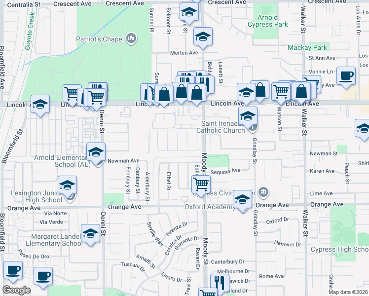 map of restaurants, bars, coffee shops, grocery stores, and more near 9217 Christopher Street in Cypress