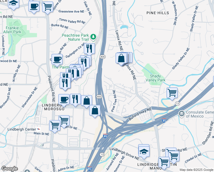 map of restaurants, bars, coffee shops, grocery stores, and more near 2700 Pine Tree Road Northeast in Atlanta
