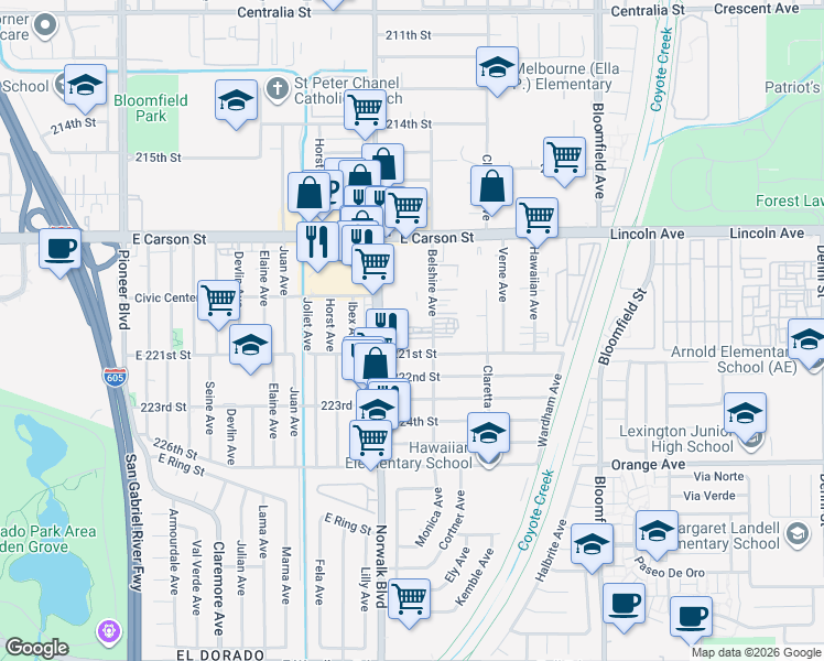 map of restaurants, bars, coffee shops, grocery stores, and more near 12231 221st Street in Hawaiian Gardens