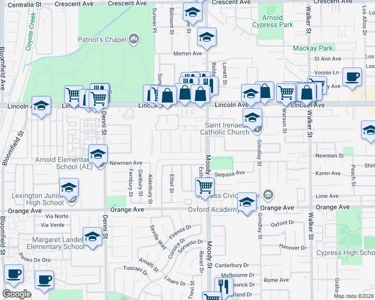 map of restaurants, bars, coffee shops, grocery stores, and more near 9217 Christopher Street in Cypress