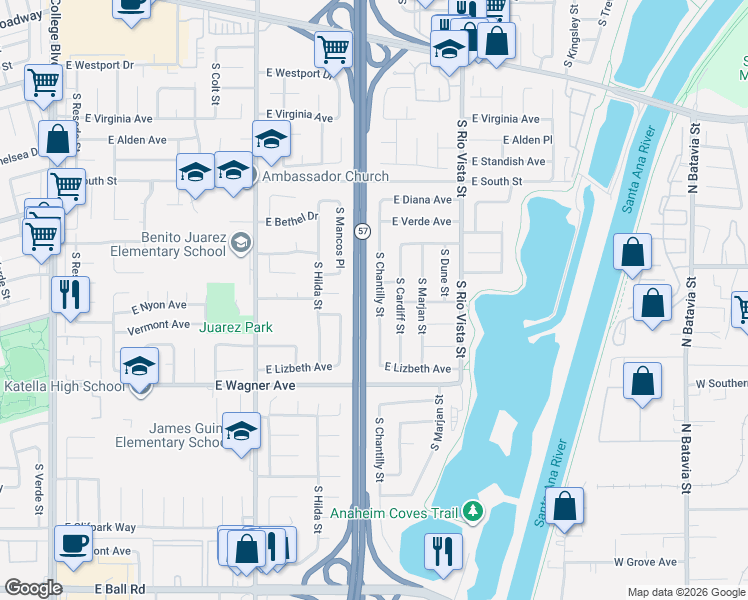 map of restaurants, bars, coffee shops, grocery stores, and more near 883 South Chantilly Street in Anaheim