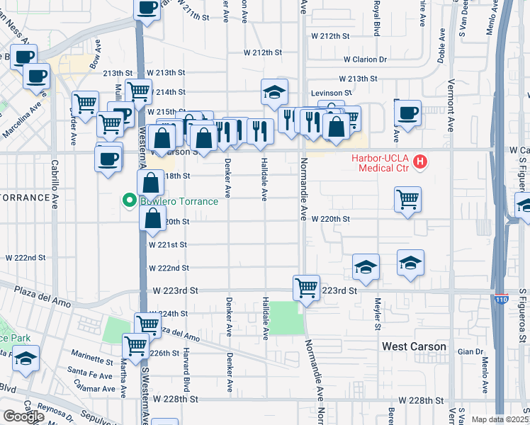 map of restaurants, bars, coffee shops, grocery stores, and more near 1409 West 220th Street in Torrance
