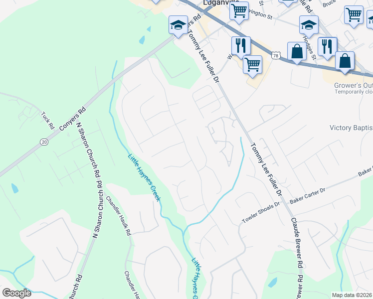map of restaurants, bars, coffee shops, grocery stores, and more near 2285 Huntington Drive in Loganville