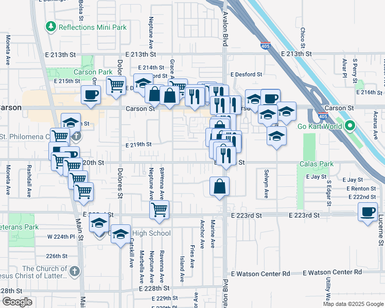 map of restaurants, bars, coffee shops, grocery stores, and more near 546 East 219th Street in Carson