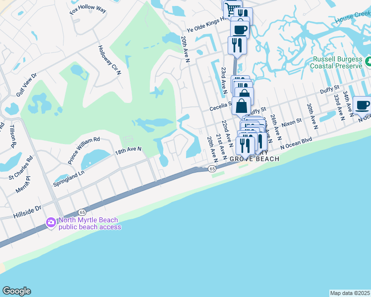 map of restaurants, bars, coffee shops, grocery stores, and more near 300 Shorehaven Drive in North Myrtle Beach