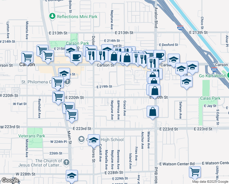 map of restaurants, bars, coffee shops, grocery stores, and more near 433 Willow Run Lane in Carson