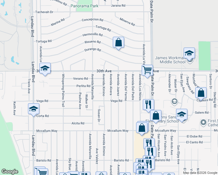 map of restaurants, bars, coffee shops, grocery stores, and more near 30275 Avenida Alvera in Cathedral City