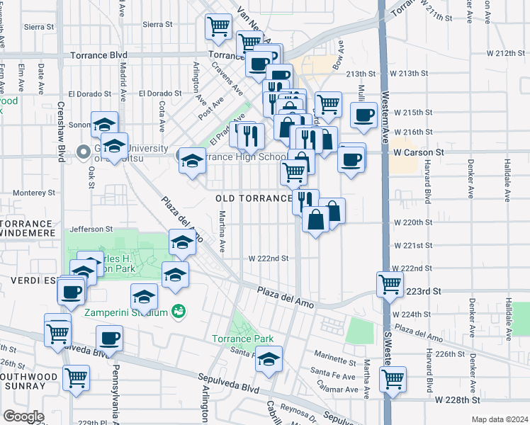 map of restaurants, bars, coffee shops, grocery stores, and more near 1912 Gramercy Avenue in Torrance