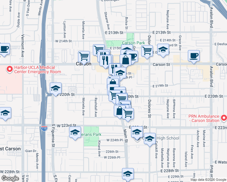 map of restaurants, bars, coffee shops, grocery stores, and more near 21917 Main Street in Carson