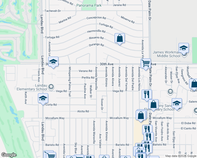 map of restaurants, bars, coffee shops, grocery stores, and more near 68530 Joaquine Court in Cathedral City