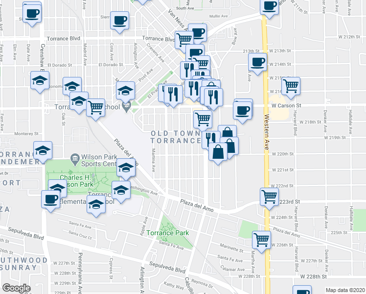 map of restaurants, bars, coffee shops, grocery stores, and more near 1912 Gramercy Avenue in Torrance