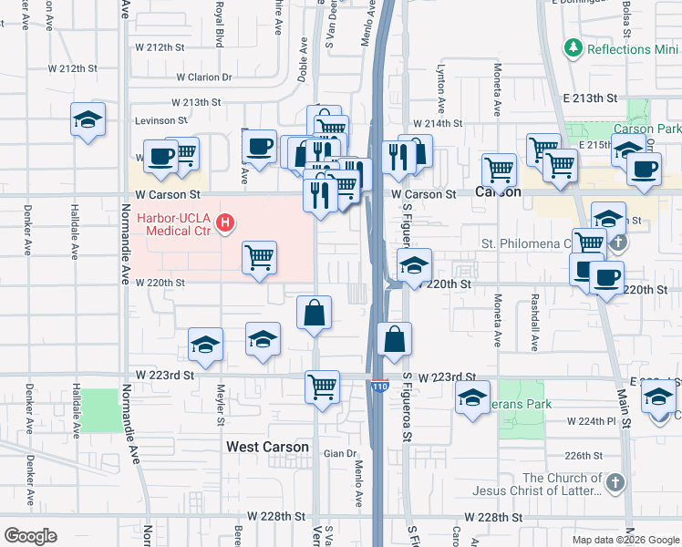 map of restaurants, bars, coffee shops, grocery stores, and more near 21926 South Vermont Avenue in Torrance
