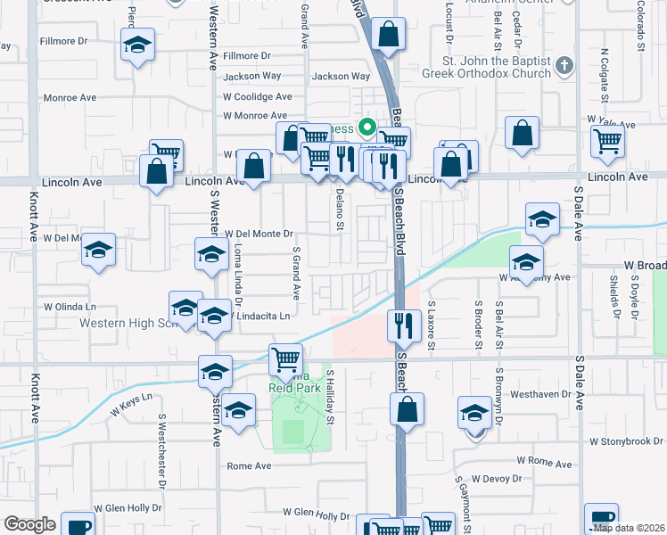map of restaurants, bars, coffee shops, grocery stores, and more near 235 Delano Street in Anaheim