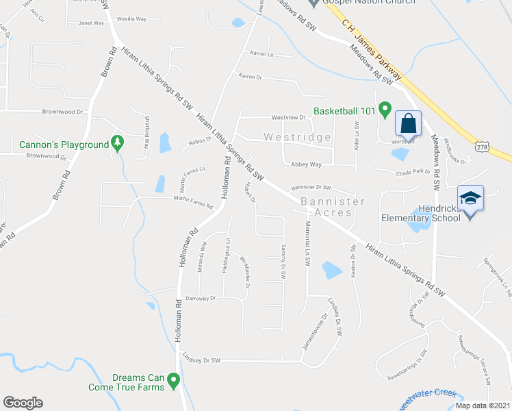 map of restaurants, bars, coffee shops, grocery stores, and more near 5065 Hubert Drive in Powder Springs