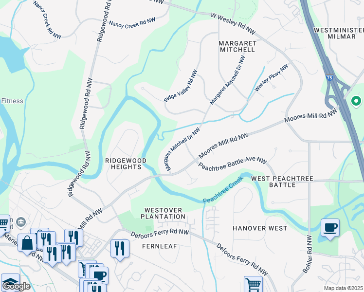 map of restaurants, bars, coffee shops, grocery stores, and more near 1624 Peachtree Battle Avenue Northwest in Atlanta