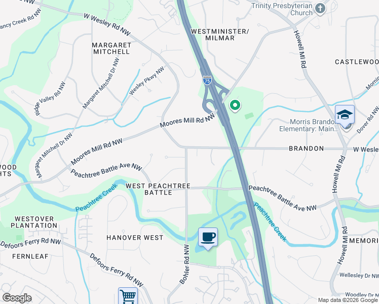 map of restaurants, bars, coffee shops, grocery stores, and more near 1260 West Wesley Road Northwest in Atlanta