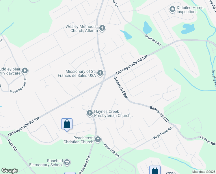 map of restaurants, bars, coffee shops, grocery stores, and more near 3920 Rosebud Road in Loganville