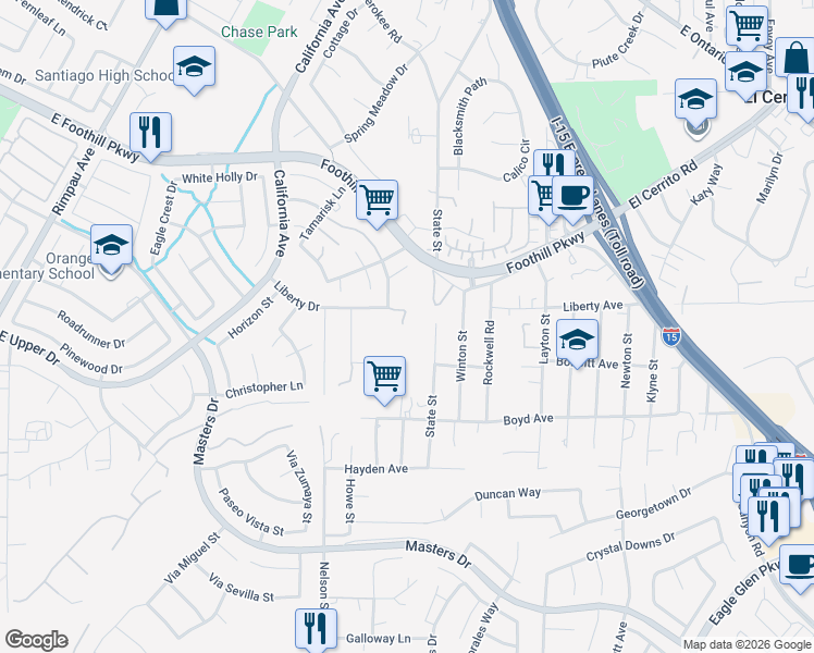 map of restaurants, bars, coffee shops, grocery stores, and more near 3350 State Street in Corona