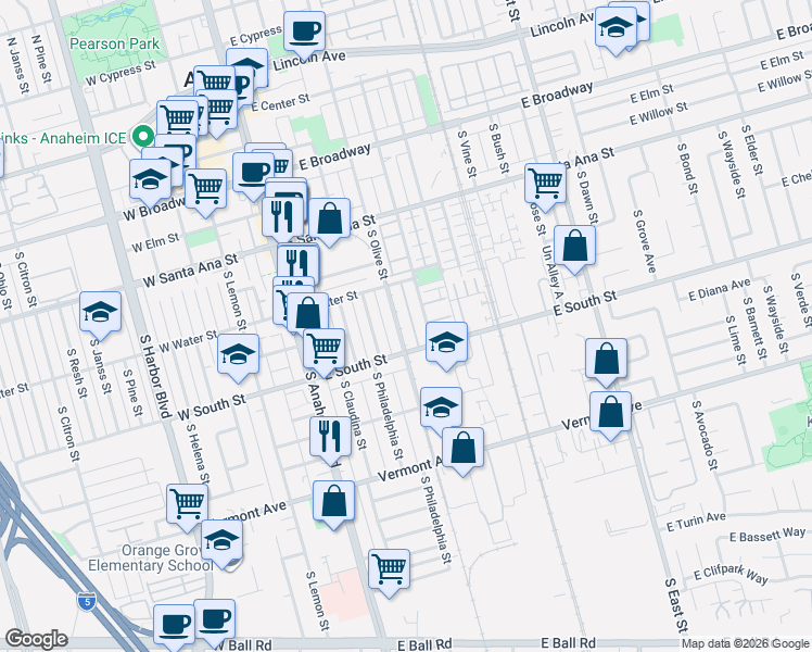 map of restaurants, bars, coffee shops, grocery stores, and more near in Anaheim