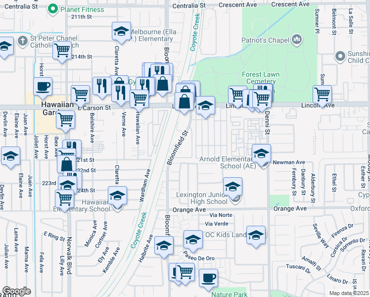 map of restaurants, bars, coffee shops, grocery stores, and more near 9432 Bloomfield Street in Cypress