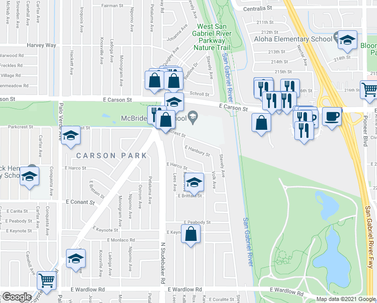 map of restaurants, bars, coffee shops, grocery stores, and more near 3848 Karen Avenue in Long Beach