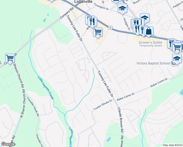 map of restaurants, bars, coffee shops, grocery stores, and more near 460 Towler Court in Loganville