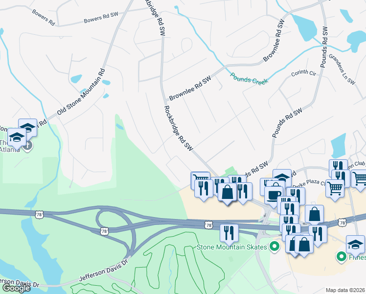 map of restaurants, bars, coffee shops, grocery stores, and more near 1665 Rockbridge Road Southwest in Stone Mountain