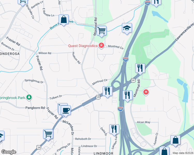 map of restaurants, bars, coffee shops, grocery stores, and more near 3402 Alcan Way in Tucker