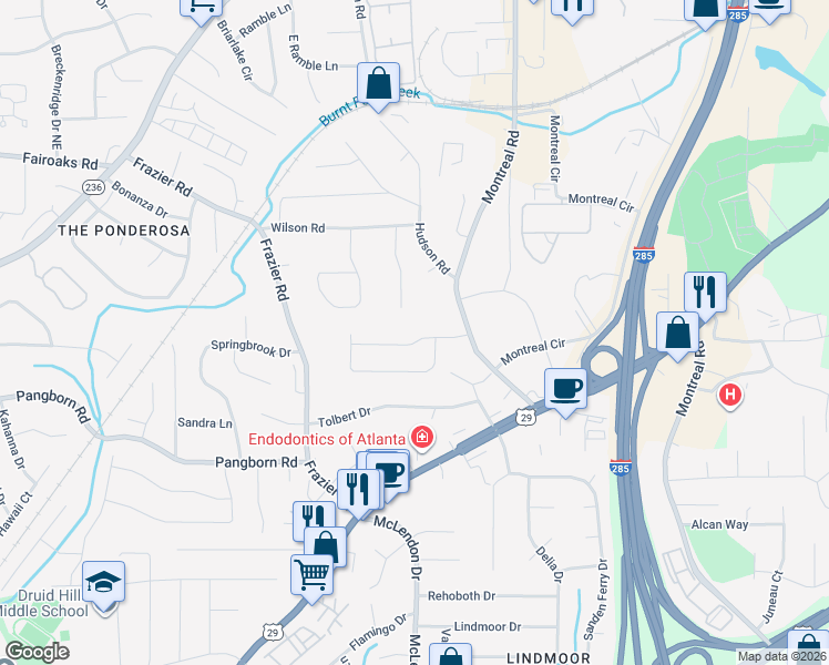 map of restaurants, bars, coffee shops, grocery stores, and more near 3135 Windfield Circle in Tucker