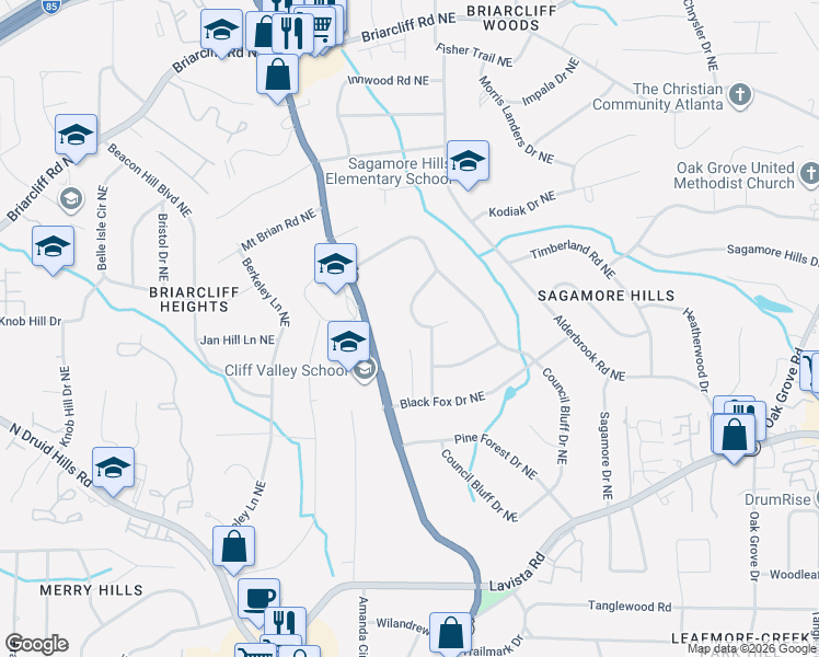 map of restaurants, bars, coffee shops, grocery stores, and more near 1596 Deer Park Road Northeast in Atlanta