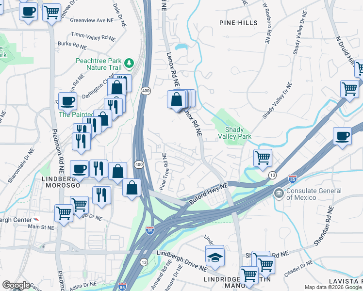 map of restaurants, bars, coffee shops, grocery stores, and more near 942 Canterbury Road Northeast in Atlanta