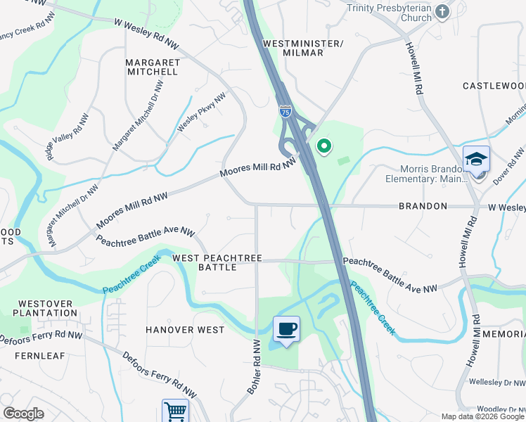 map of restaurants, bars, coffee shops, grocery stores, and more near 1260 West Wesley Road Northwest in Atlanta