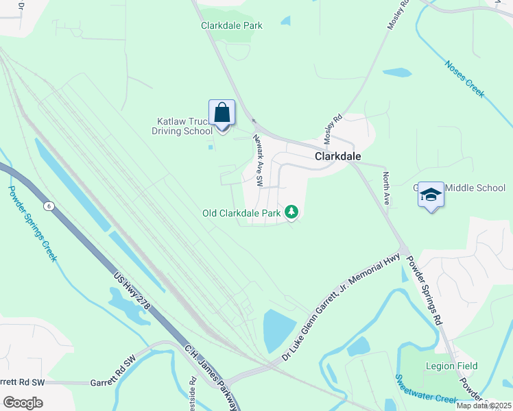 map of restaurants, bars, coffee shops, grocery stores, and more near 5190-A-B Newark Avenue Southwest in Powder Springs