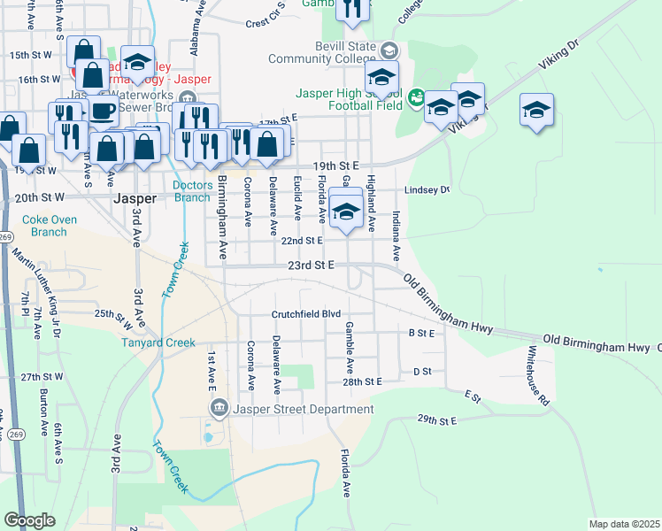 map of restaurants, bars, coffee shops, grocery stores, and more near 23rd Street East in Jasper