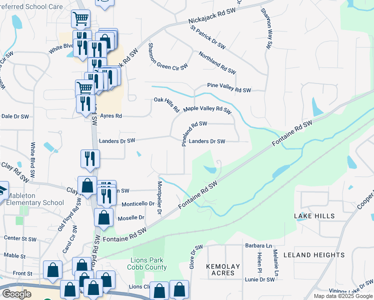 map of restaurants, bars, coffee shops, grocery stores, and more near 465 Pineland Road Southwest in Mableton