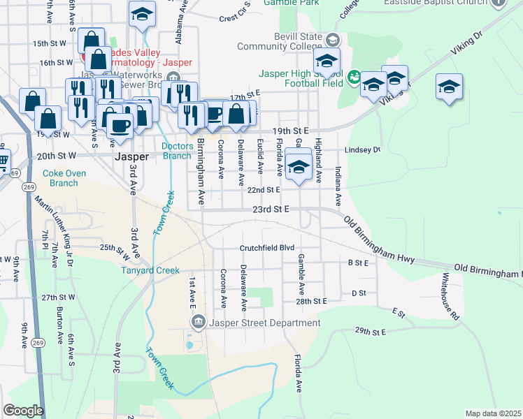 map of restaurants, bars, coffee shops, grocery stores, and more near 23rd Street East in Jasper