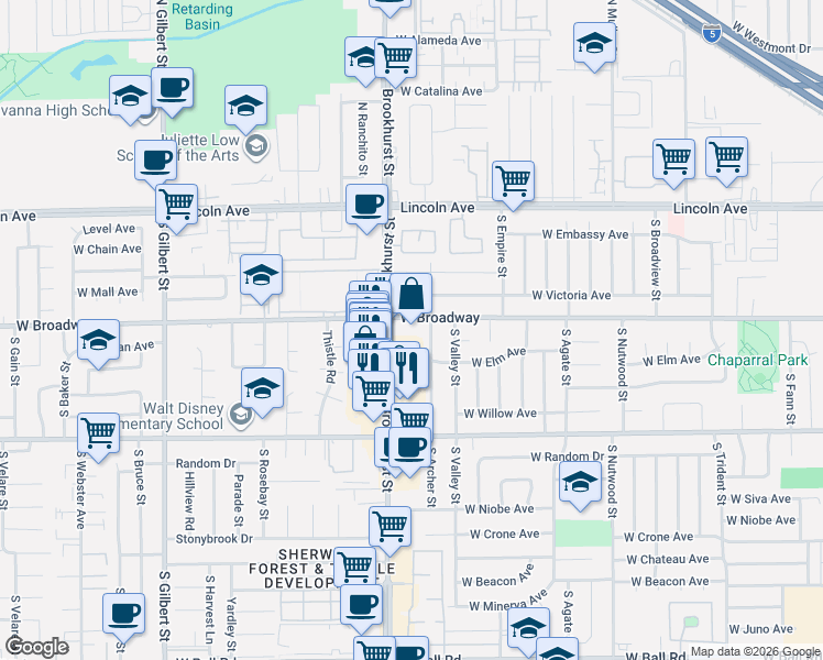 map of restaurants, bars, coffee shops, grocery stores, and more near 2168 West Broadway in Anaheim