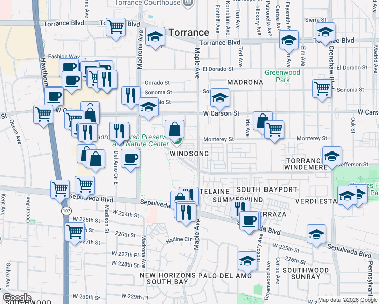 map of restaurants, bars, coffee shops, grocery stores, and more near 3101 Plaza del Amo in Torrance