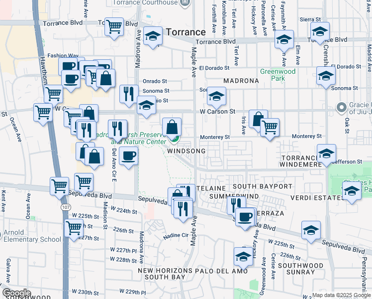 map of restaurants, bars, coffee shops, grocery stores, and more near 3101 Plaza del Amo in Torrance