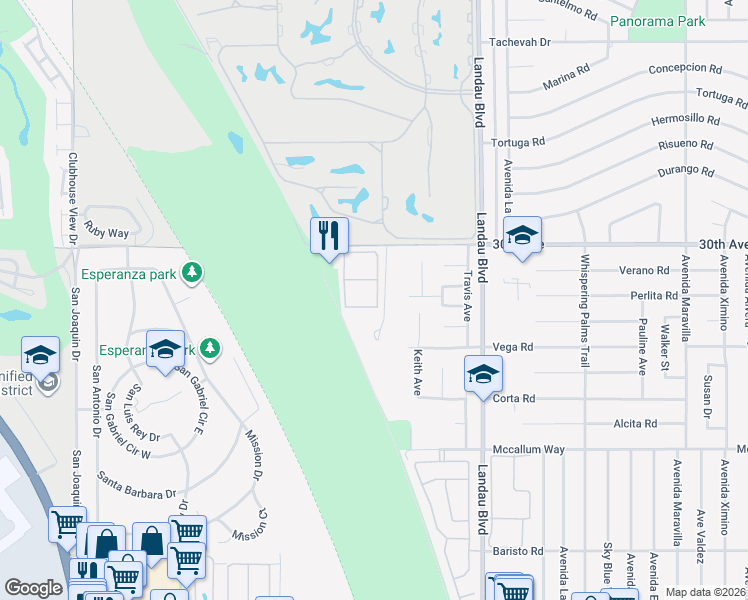 map of restaurants, bars, coffee shops, grocery stores, and more near 30353 Crown Lane in Cathedral City