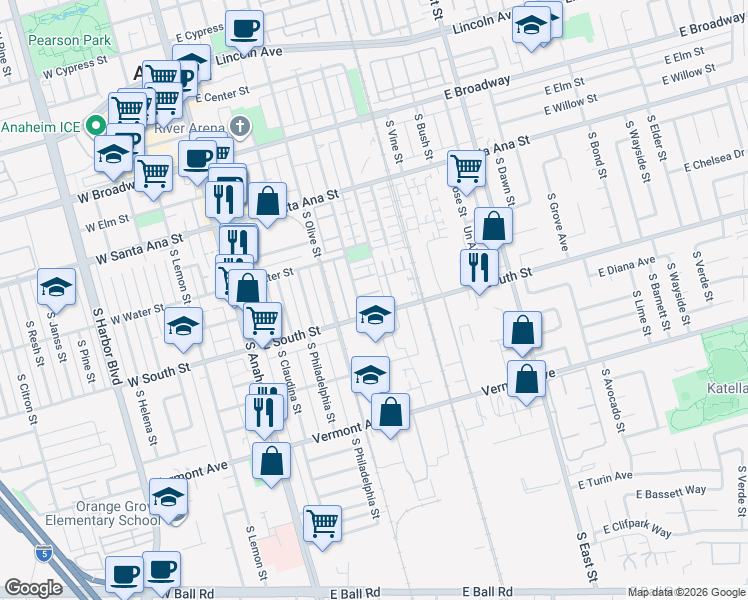 map of restaurants, bars, coffee shops, grocery stores, and more near 755 South Kroeger Street in Anaheim